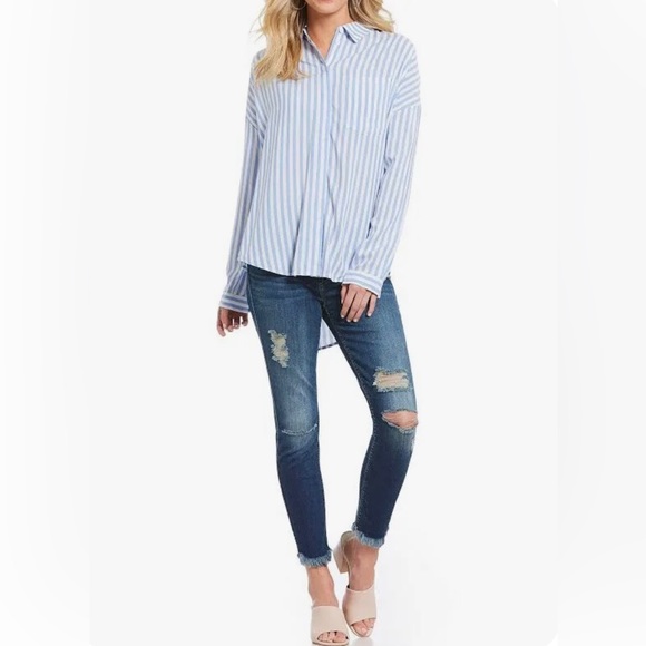 💕*NWT*SANCTUARY BOYFRIEND RELAXED BLUE STRIPED L/S BUTTON DOWN! 🎊 - Picture 3 of 15